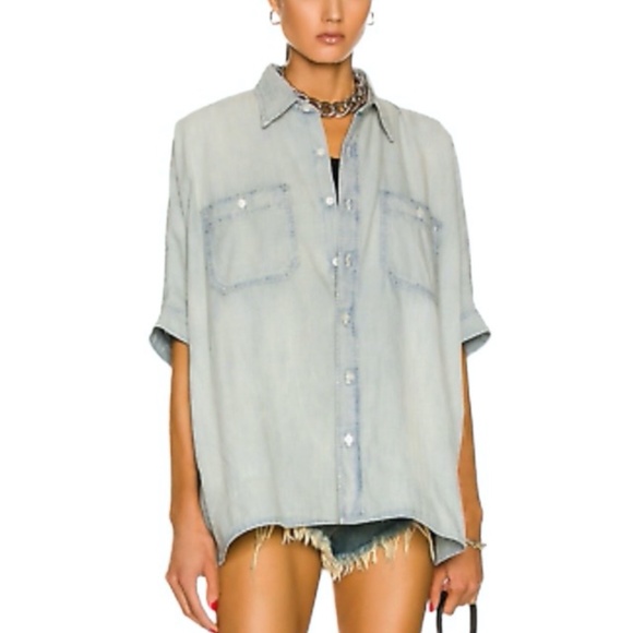 R13 Tops - R13 FADED DENIM BLUE OVERSIZED BOXY BUTTON UP SHORT SLEEVE SHIRT